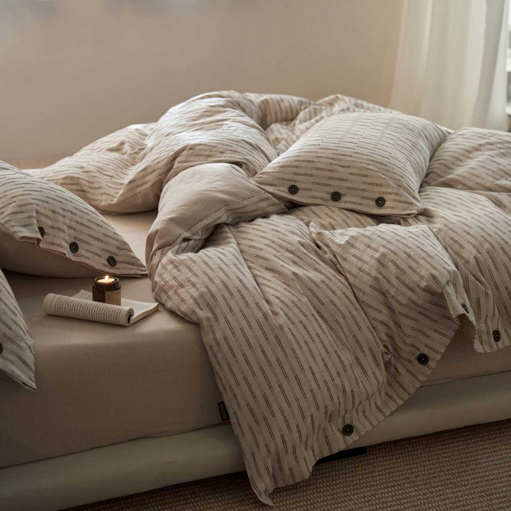 O'Breeze Cotton Linen Blend Jacquard Duvet Cover Set – Natural Stripe with Hand-Sewn Buttons