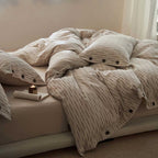 O'Breeze Cotton Linen Blend Jacquard Duvet Cover Set – Natural Stripe with Hand-Sewn Buttons