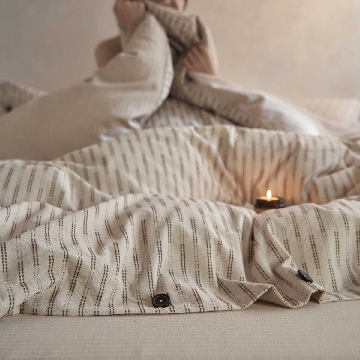 O'Breeze Cotton Linen Blend Jacquard Duvet Cover Set – Natural Stripe with Hand-Sewn Buttons
