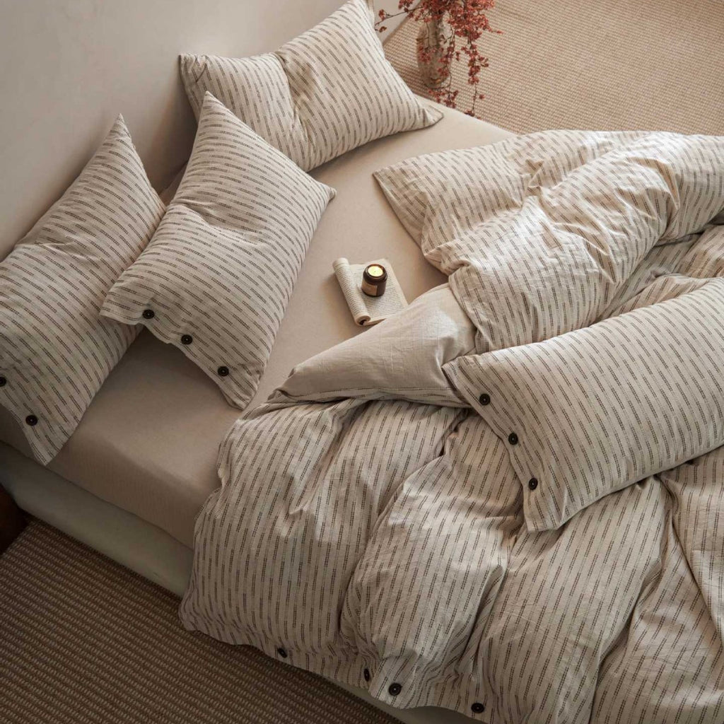 O'Breeze Cotton Linen Blend Jacquard Duvet Cover Set – Natural Stripe with Hand-Sewn Buttons