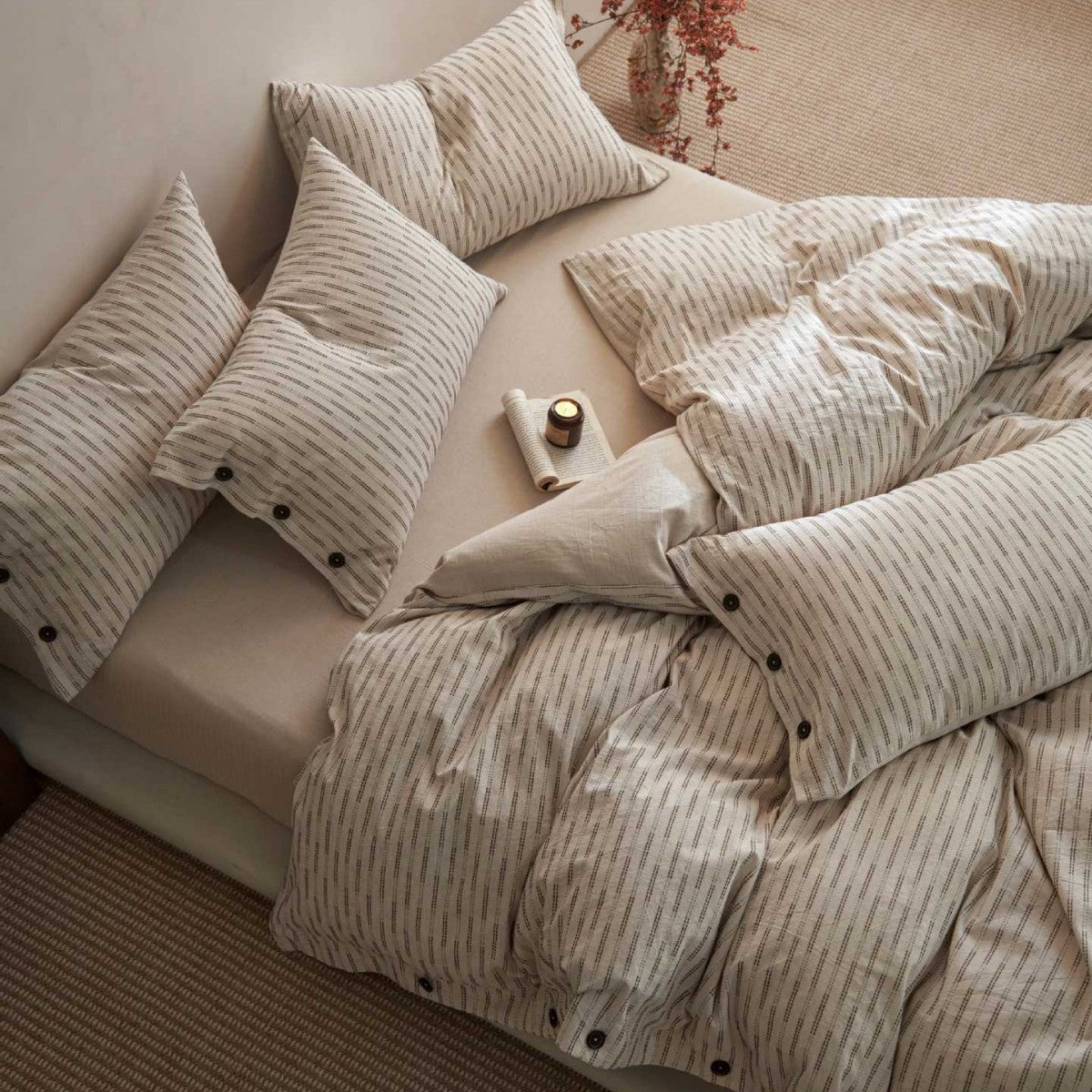 O'Breeze Cotton Linen Blend Jacquard Duvet Cover Set – Natural Stripe with Hand-Sewn Buttons