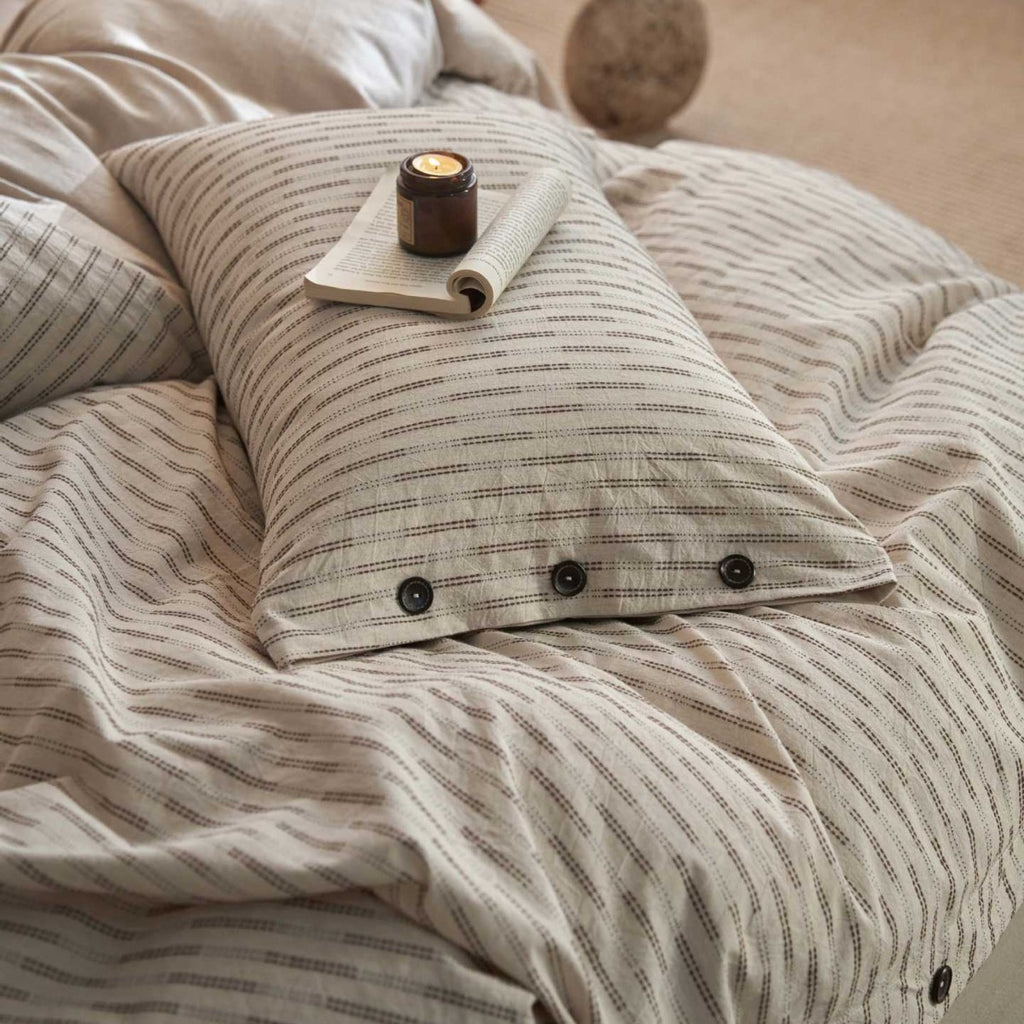 O'Breeze Cotton Linen Blend Jacquard Duvet Cover Set – Natural Stripe with Hand-Sewn Buttons